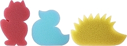 Набір дитячих губок для ванни, 3 шт., рожева лисичка + блакитна качка + жовтий їжачок - Ewimark — фото N1
