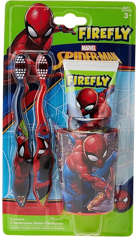 Набір дитячих зубних щіток з пастою - Firefly Marvel Spiderman (toothpaste/75ml+toothbrush/2pcs+beaker/1pcs) — фото N1
