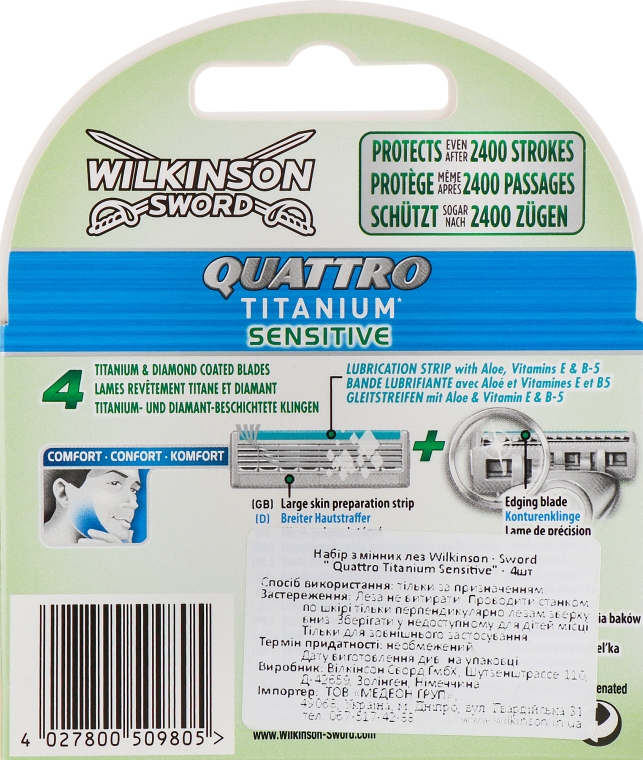 Сменные лезвия, 4 шт - Wilkinson Sword Quattro Titanium Sensitive  — фото N3