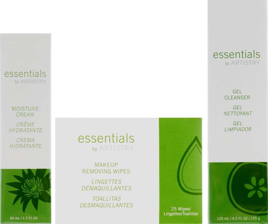 Комплексная система для нормальной и сухой кожи - Amway Essentials By Artistry (wipes/25шт. + gel/125ml + cr/50ml) — фото N1