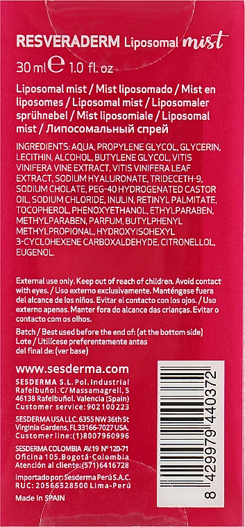 Липосомальный мист для лица - Sesderma Resveraderm Liposomal Mist (мини) — фото N3