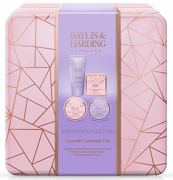 Набір - Baylis & Harding Jojoba, Vanilla & Almond Oil Luxury Pamper Tin Gift Set (sh/cr/50ml + soap/50g + b/butter/50ml + h/cr/50ml) — фото N1