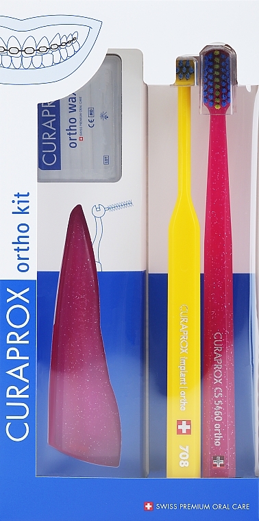 Набор, вариант 40 (розовый, желтый, розовый) - Curaprox Ortho Kit (brush/1pcs + brushes 07,14,18/3pcs + UHS/1pcs + orthod/wax/1pcs + box) — фото N1