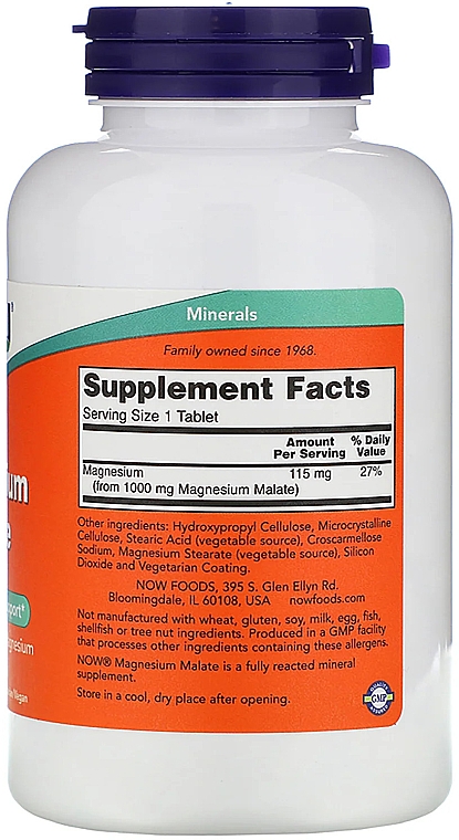 Минералы Магния малат, 1000 мг - Now Foods Magnesium Malate Tablets — фото N2