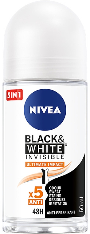Дезодорант кульковий антиперспірант 5в1 - NIVEA Black & White Invisible Ultimate Impact 5in1 Roll-On — фото N1