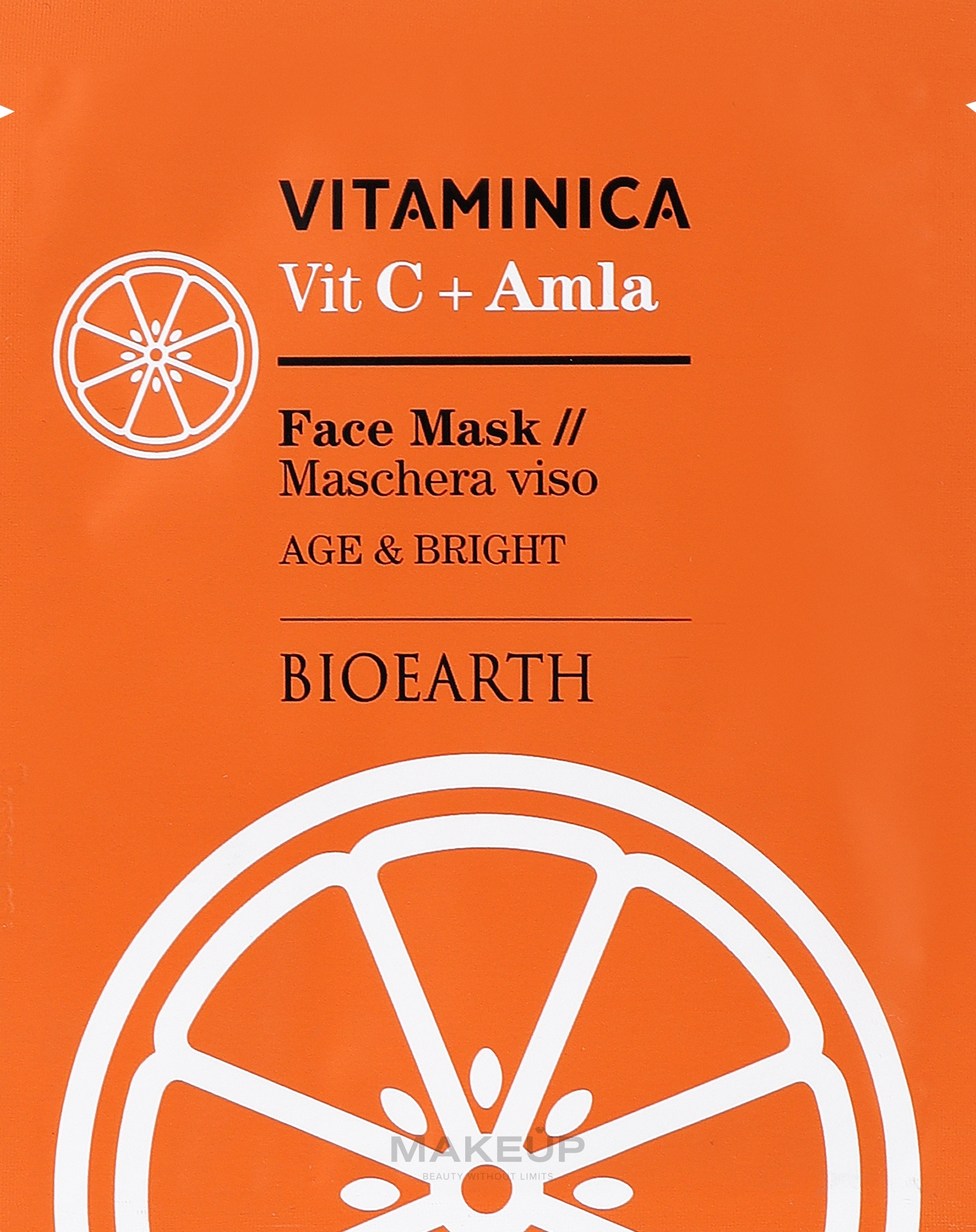 Маска целлюлозная антиоксидантная, сияющая и тонизирующая для всех типов кожи лица - Bioearth Vitaminica Single Sheet Face Mask Vit С + Amla — фото 15ml