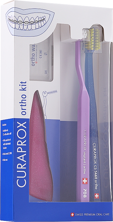 Набор, вариант 29 (розовый, сиреневый, голубой) - Curaprox Ortho Kit (brush/1pcs + brushes 07,14,18/3pcs + UHS/1pcs + orthod/wax/1pcs + box) — фото N1