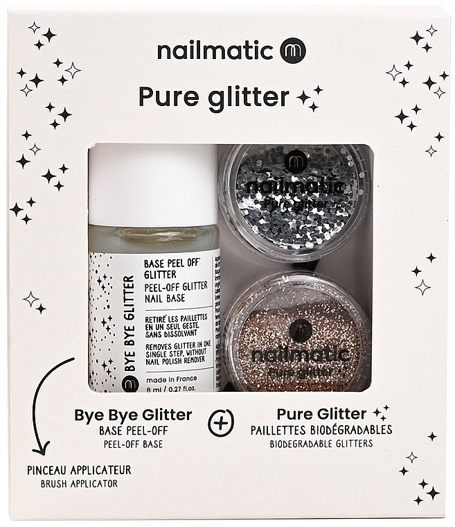 Набор - Nailmatic Pure Glitter Silver/Gold Glitter (base/8ml + glitter/2pcs + brush) — фото N1