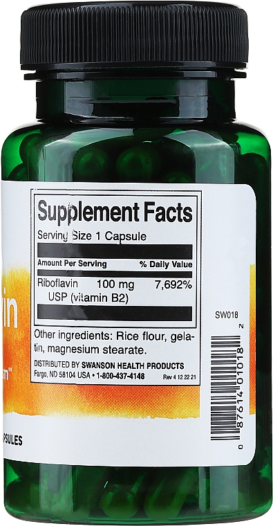Витаминная добавка "B2 Рибофлавин" 100 мг, 100 шт - Swanson Riboflavin Vitamin B2 — фото N2