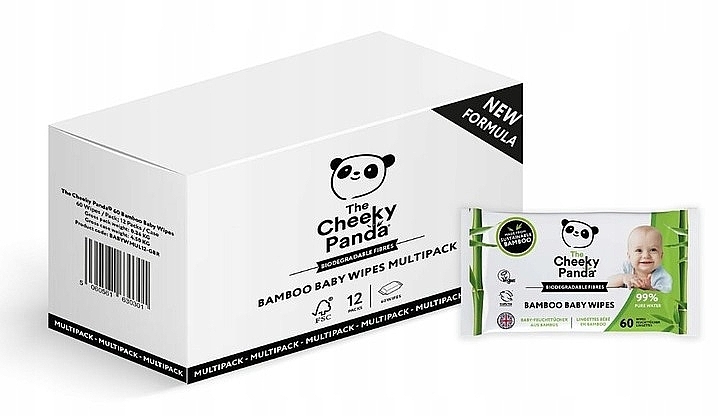 Вологі серветки, 12 x 60 шт. - The Cheeky Panda Biodegradable Bamboo Baby Wipes Multipack — фото N1