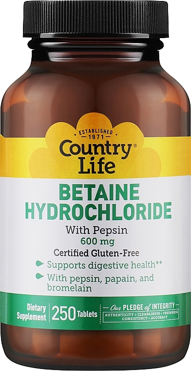 Натуральный комплекс "Бетаин гидрохлорид с пепсином" - Country Life Betaine Hydrochloride — фото N2