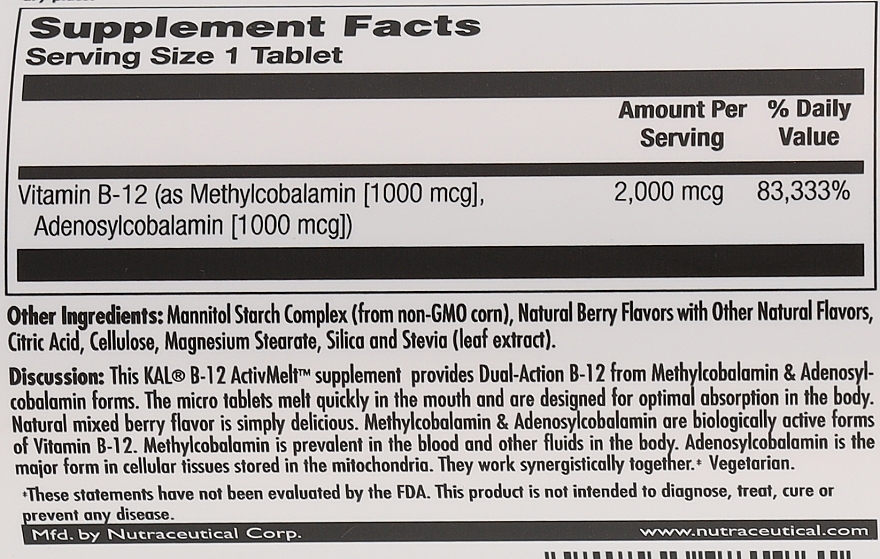 Пищевая добавка "В-12 Метилкобаламин и Аденозилкобаламин", 2000 мкг, ягодный вкус - Kal B-12 Methylcobalamin & Adenosylcobalamin 2000mcg — фото N3