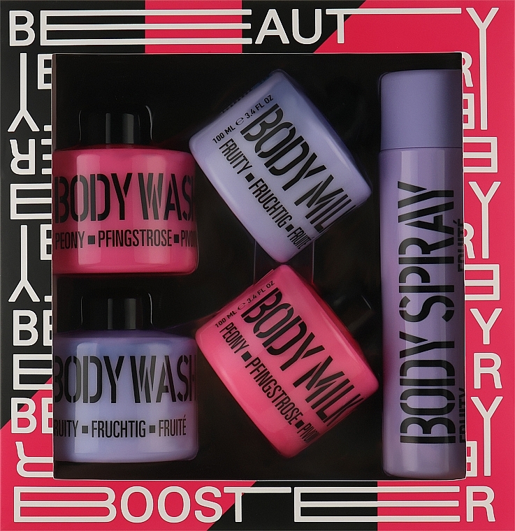 Набір "Рожева півонія і фруктовий пурпур" - Mades Cosmetics Beauty Booster (sh/gel/2x100ml + b/ilk/2x100ml + b/spray/100ml) — фото N1