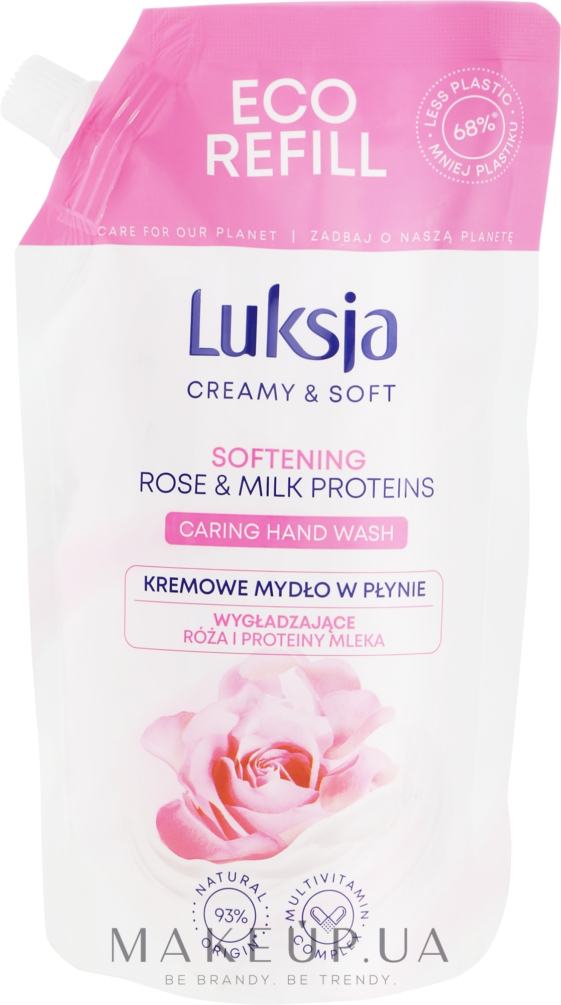 Крем-мыло для мытья рук "Роза и протеины молока" - Luksja Creamy & Soft Softening Rose & Milk Proteins Caring Hand Wash 68 % Less Plastic (сменный блок) — фото 400ml