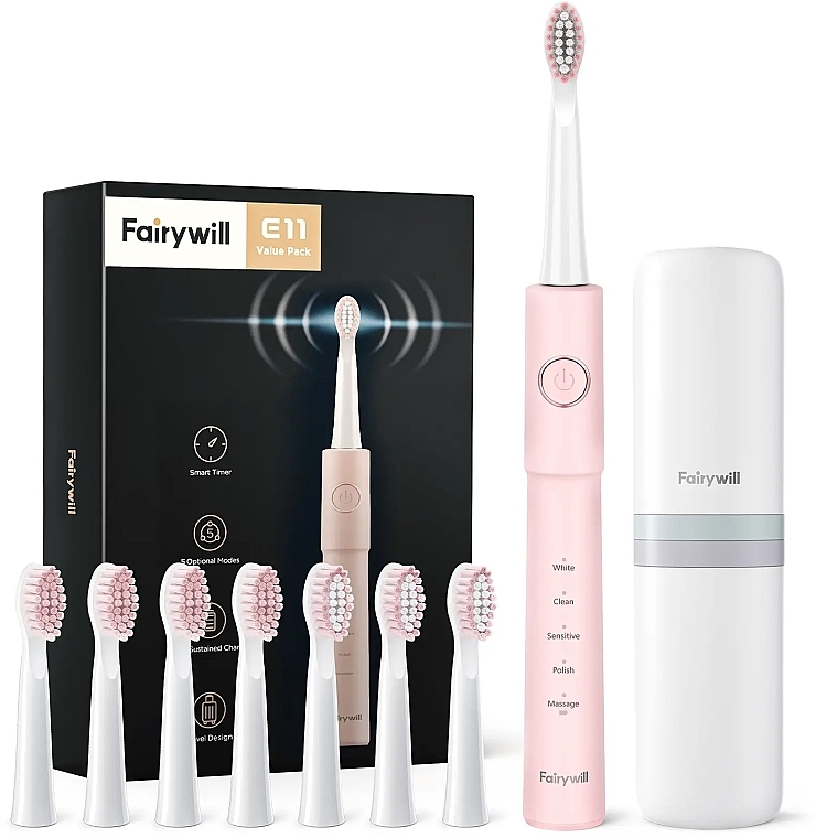 Электрическая зубная щетка, розовая - Fairywill E11 Pink Electric Toothbrush With 8 Bursh Heads & Travel Case — фото N1