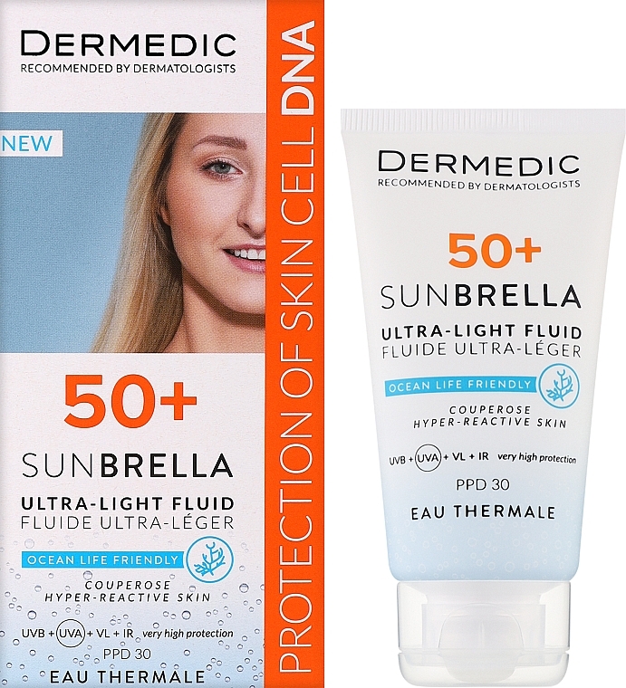 Ультралегкий захисний крем SPF 50+ для судинної та гіперактивної шкіри для захисту від повного спектру сонячних променів - Dermedic 50+ Sunbrella Ultra-light Fluid — фото N2