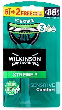 Одноразовые станки, 6 + 2 шт - Wilkinson Sword Xtreme3 Sensitive — фото N1