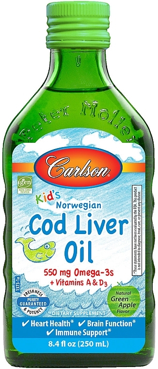 Олія печінки тріски зі смаком зеленого яблука, 550 мг - Carlson Labs Kid's Cod Liver Oil — фото N1