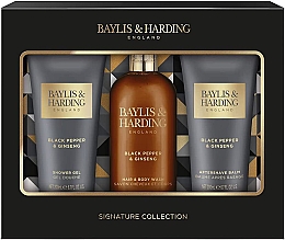 Набор - Baylis & Harding Black Pepper & Ginseng Luxury Bathing Trio (b/wash/300ml + ash/balm/200ml + sh/gel/200ml) — фото N1