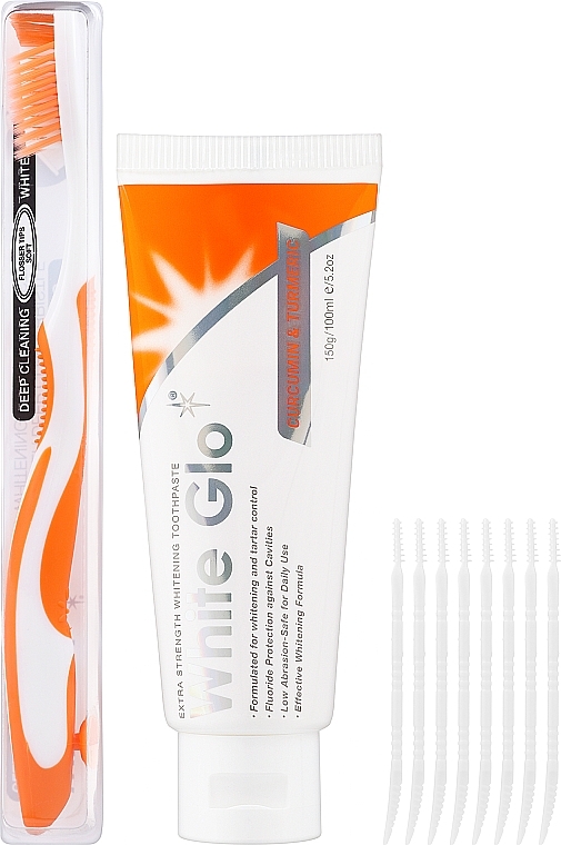 Набор с оранжевой щеткой - White Glo Curcumin & Turmeric Whitening (toothpaste/150g + toothbrush) — фото N2