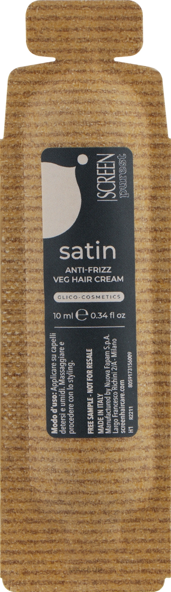 Дисциплинирующий крем против пушистости волос - Screen Purest Satin Anti-Frizz Veg Hair Cream (мини) — фото 10ml