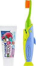 Набор детский «Акула», салатовый + салатово-синяя акула + голубой чехол - Pierrot Kids Sharky Dental Kit (tbrsh/1шт. + tgel/25ml + press/1шт.) — фото N2
