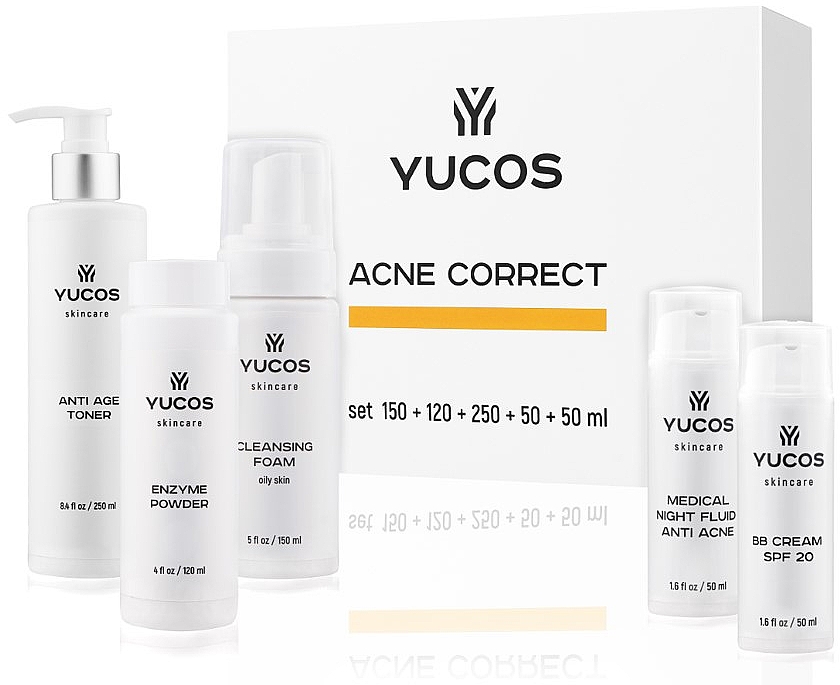 Набір - Yucos Acne Correct (clean/foam/150ml + enzyme/120ml + toner/250ml + cream/50ml + fluid/50ml)