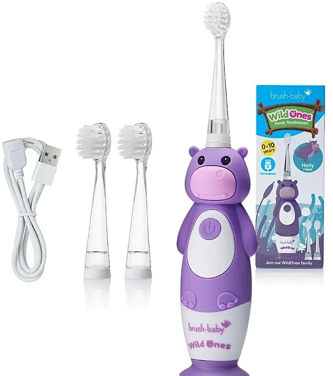 Электрическая зубная щетка, 0-10 лет - Brush-Baby WildOnes Holly Hippo Sonic Toothbrush — фото N2