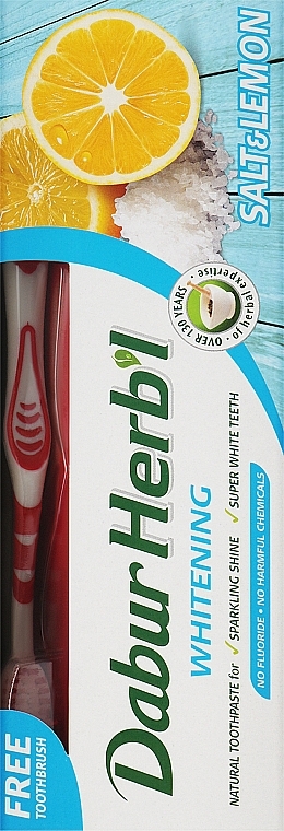 Набор "Salt & Lemon", красный - Dabur Herb`l (toothbrush/1шт + toothpaste/150g) — фото N1
