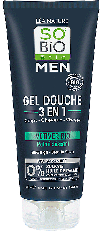 Гель для душа и шампунь 3 в 1 "Ветивер" - So’Bio Etic MEN 3-in-1 Vetiver Shower Gel  — фото N1