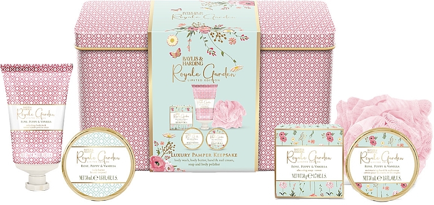 Набор, 6 продуктов - Baylis & Harding Royale Garden Rose, Poppy & Vanilla Luxury Pamper Keepsake Tin Gift Set — фото N1