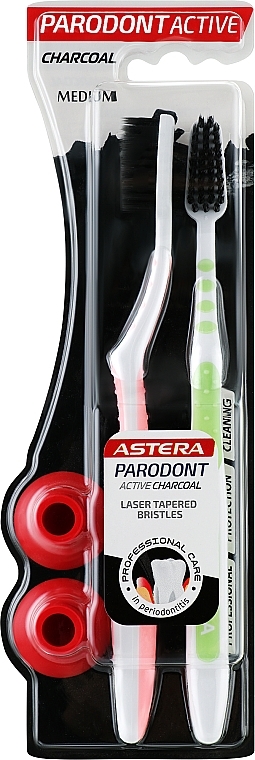 Зубная щетка c активированным углем, средняя, красная + голубая - Astera Parodont Active Charcoal Medium Toothbrush 1 + 1 — фото N1
