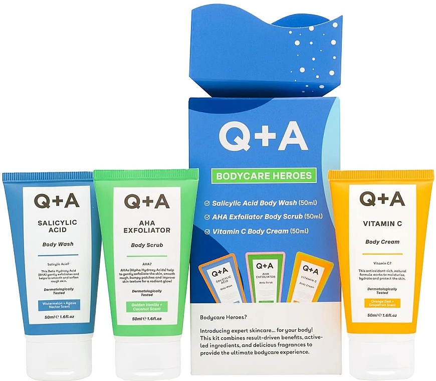 Набір для тіла - Q+A Bodycare Heroes Gift Set (sh/gel/50ml+b/scr/50ml+b/cr/50ml) — фото N1