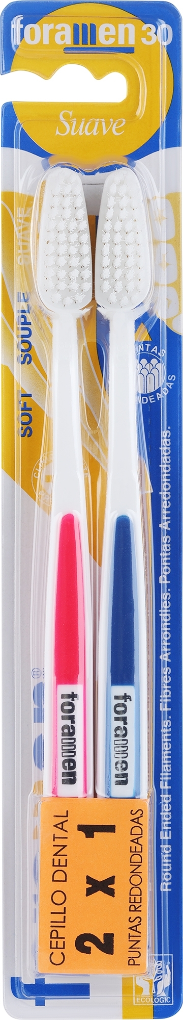 Зубна щітка, м'яка, біло-рожева, біло-синя - Foramen Soft Toothbrush — фото 2шт