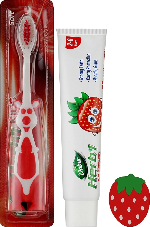 Набір для дітей "Полуниця" 2-6 років - Dabur Herb'l Kids Srawberry (toothpaste/50g + toothbrush/1pcs + gift) — фото N2