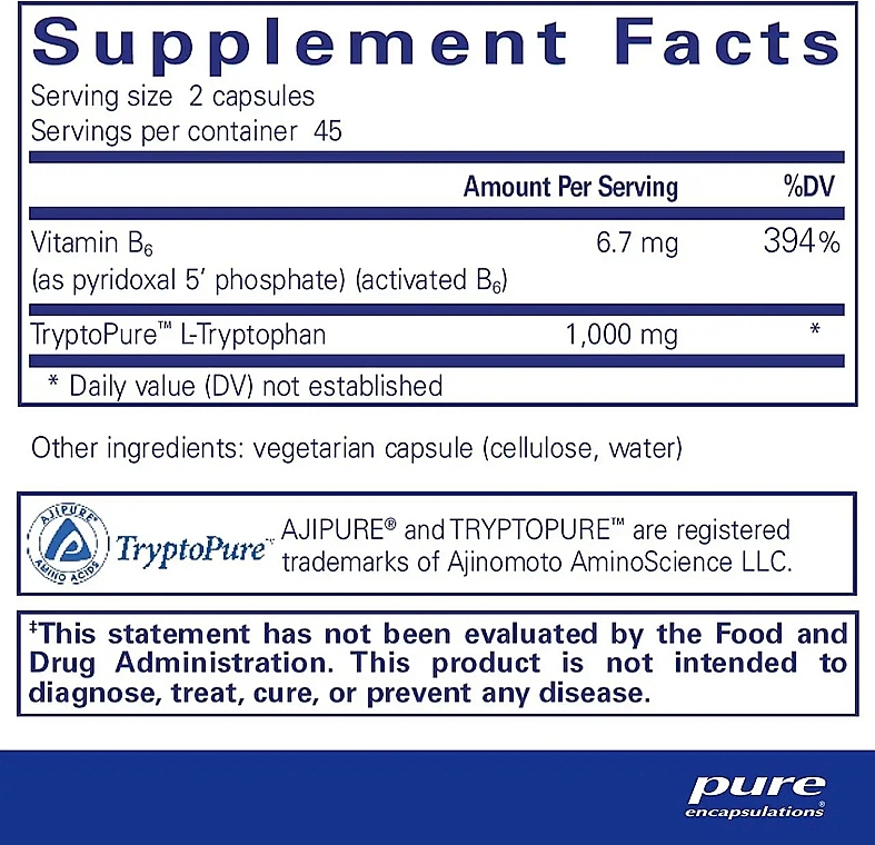 Диетическая добавка "L-триптофан", капсулы - Pure Encapsulations L-Tryptophan — фото N2