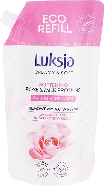 Крем-мыло для мытья рук "Роза и протеины молока" - Luksja Creamy & Soft Softening Rose & Milk Proteins Caring Hand Wash 68 % Less Plastic (сменный блок) — фото N1