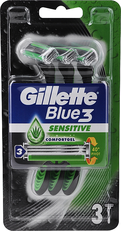Набор одноразовых станков для бритья, черно-зеленые - Gillette Blue 3 Sensitive — фото N1