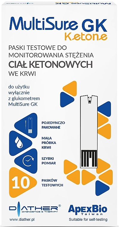 Тест-полоски для определения уровня кетонов в крови, 10 шт. - Diather Diagnostics & Therapy MultiSure GK Ketone — фото N1