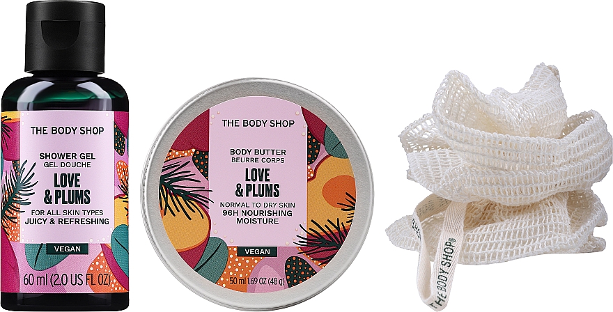 Набор - The Body Shop Love & Plums Mini Gift (sh/gel/60ml + b/but/50ml + b/sponge)