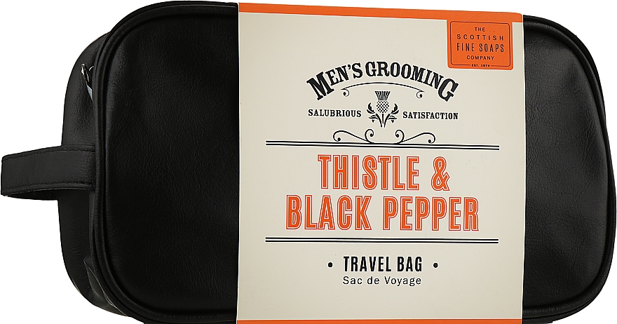 Дорожный набор для мужчин - Scottish Fine Soaps Men's Grooming Thistle&Black Pepper Travel Bag (sh/gel/75ml + f/wash/75ml + a/sh/balm/75ml + f/cr/75ml + towel + bag)