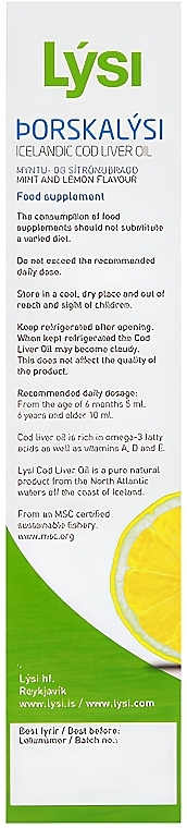 Омега-3 риб'ячий жир з печінки тріски з вітамінами А+ Д+ Е - Lysi Icelandic Cod Liver Oil Mint & Lemon Flavor (скляна пляшка) — фото N5