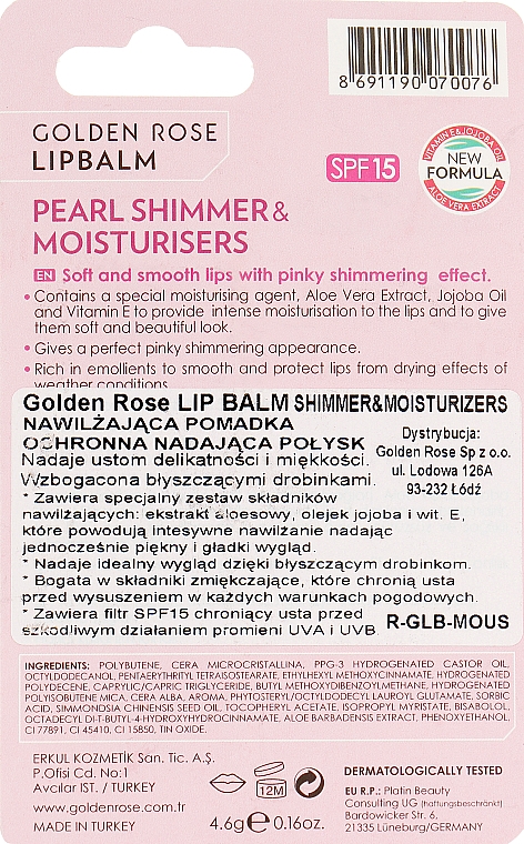 Бальзам для губ "Жемчужный блеск" - Golden Rose Lip Balm Pearl & Shimmer SPF15 — фото N2