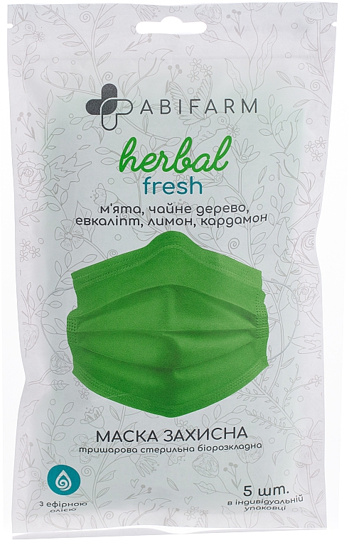 Защитная маска ароматическая, с эфирными маслами, 3-слойная, стерильная, зеленая - Abifarm Herbal Fresh — фото N6