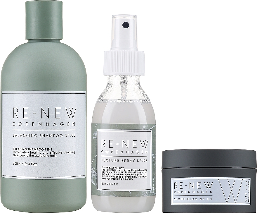 Набір, 4 продукти - Re-New Copenhagen Essential Grooming Kit (Balancing Shampoo №05 + Texture Spray №07 + Stone Clay №09) — фото N3
