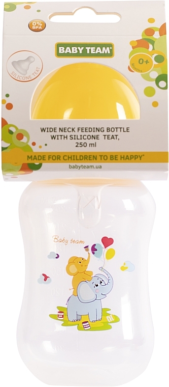 Пляшечка для годування із широкою шийкою та силіконовою соскою, 250 мл, 0+, жовта - Baby Team — фото N1