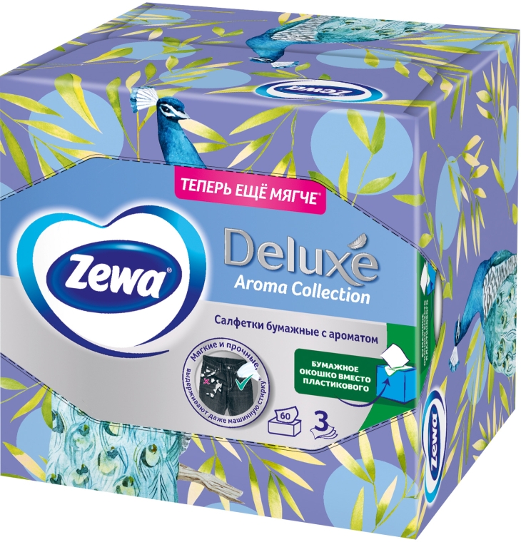 Серветки косметичні з ароматом, тришарові, павич, 60 шт. - Zewa Deluxe Box Aroma Collection