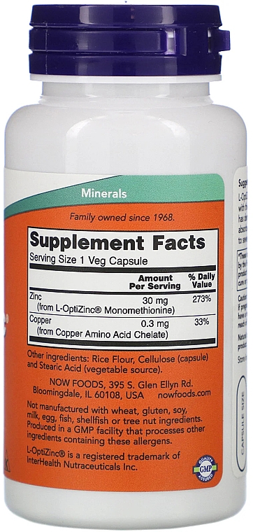 Мінерали "L-ОптиЦинк", 30 мг - Now Foods L-OptiZinc Veg Capsules — фото N2