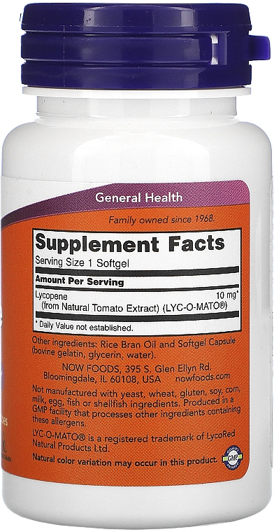 Пищевая добавка "Ликопин", 10 мг - Now Foods Lycopene Softgels — фото N2