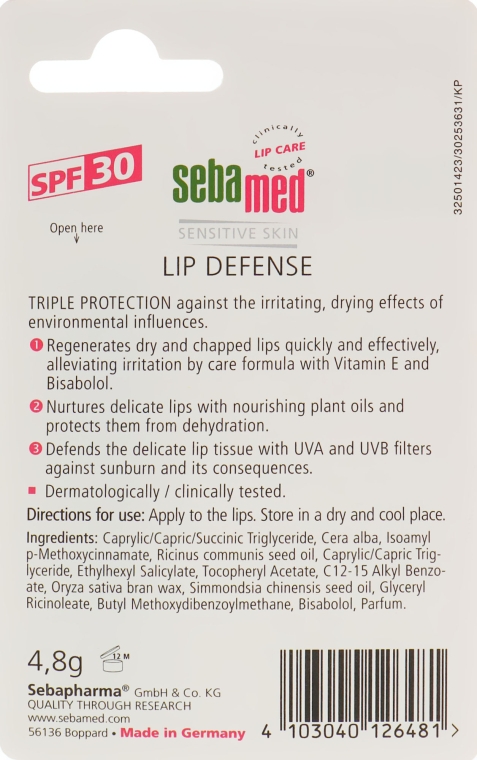 Гігієнічна помада для губ - Sebamed Sensitive Skin Lip Defense Balm SPF30 — фото N2